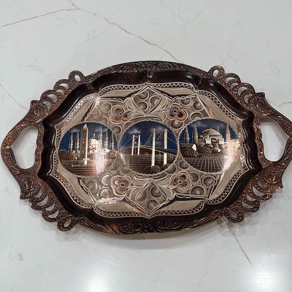 Vintage turkish copper wall tray. Hand etched with Istanbul landmarks